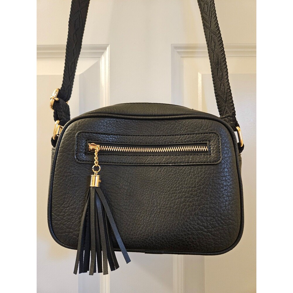 Black Crossbody Bag Adjustable Wide Strap Vegan Leather Tassle Accent New w/ Tag